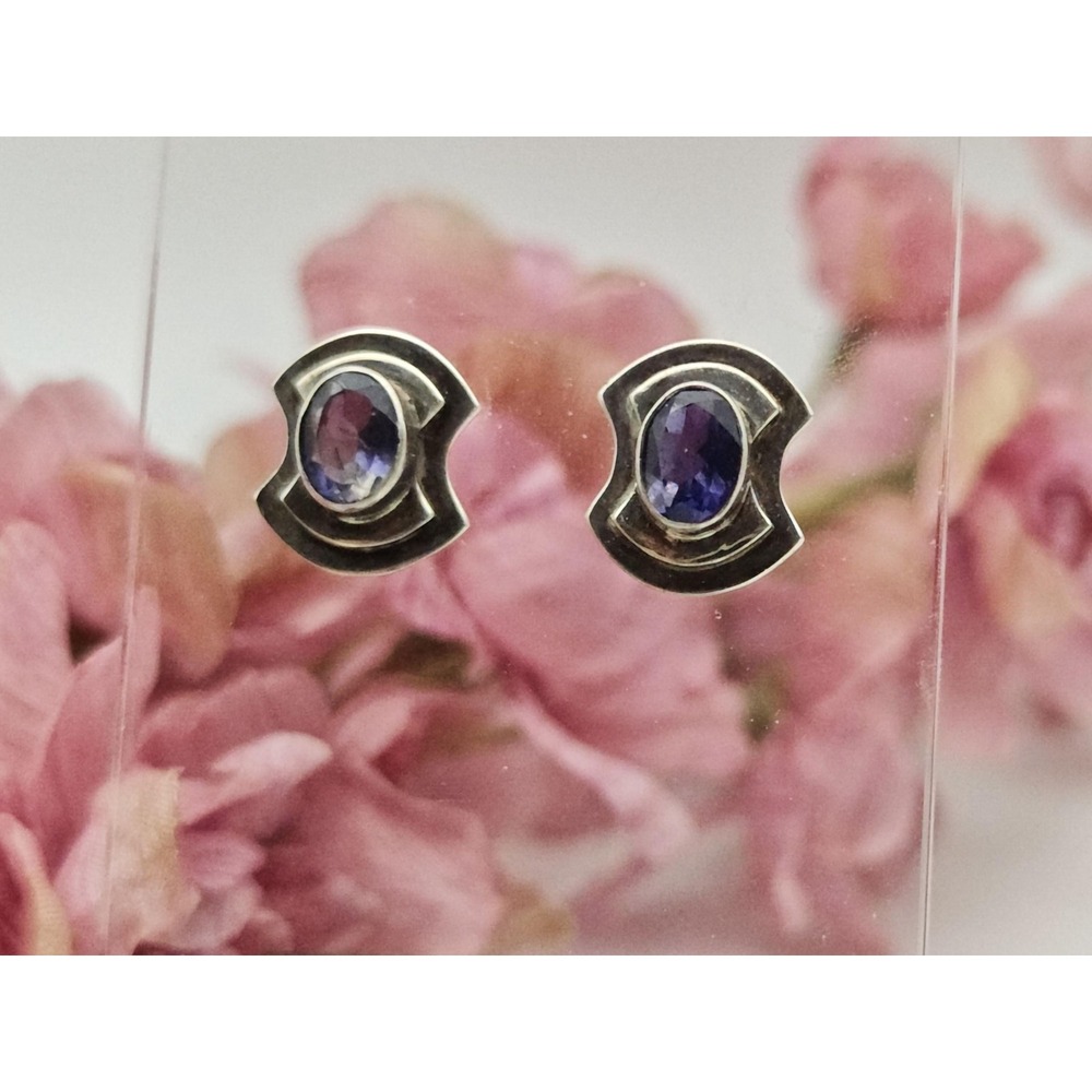 Faceted Iolite Sterling Silver Handmade Curvy Art Deco Style Post Earrings